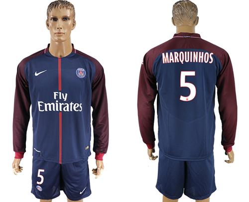 Paris Saint-Germain #5 Marquinhos Home Long Sleeves Soccer Club Jersey - Click Image to Close